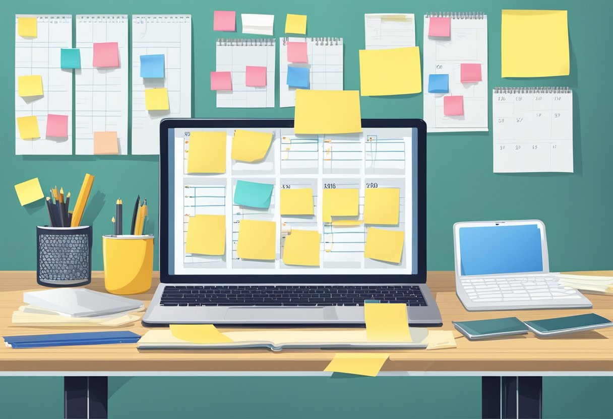 A table with a laptop, notebook, and calendar. Post-it notes with content ideas and a brainstorming chart on the wall