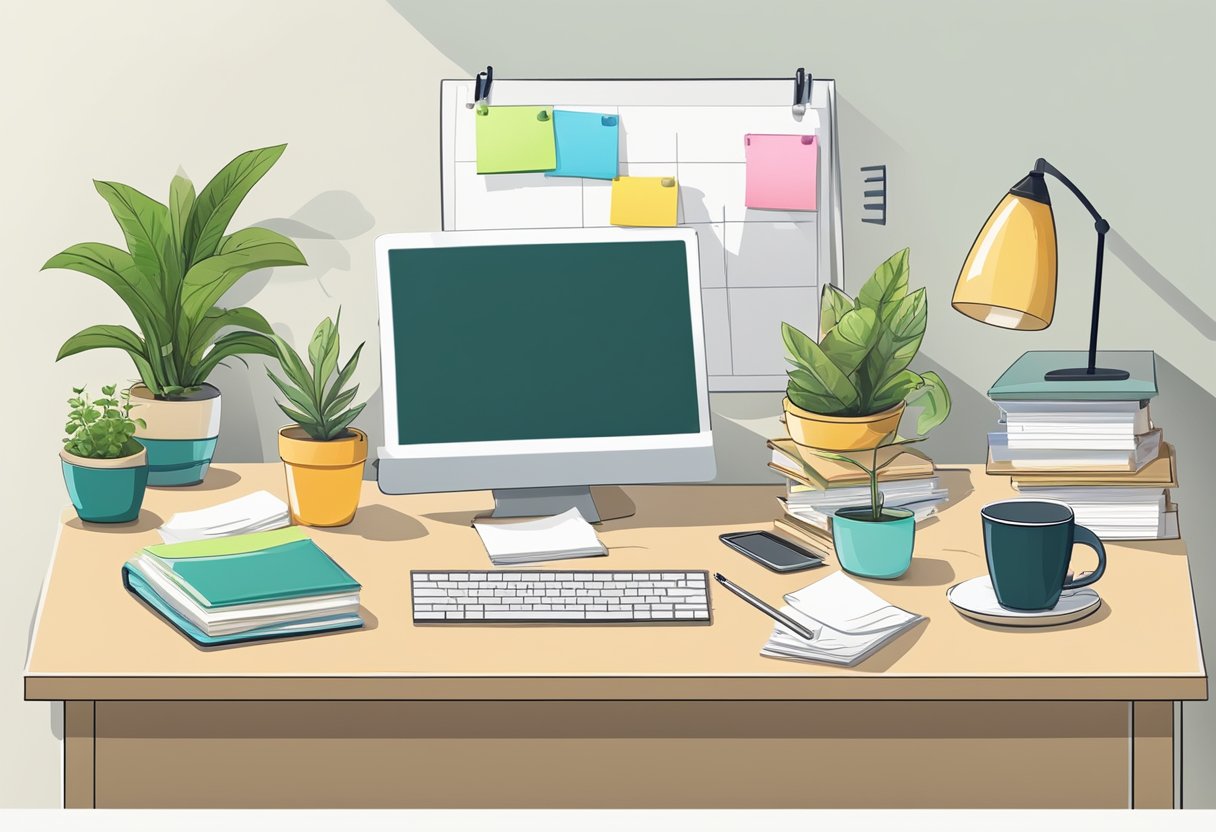A desk with a computer, notebook, and pen. Post-it notes with ideas and a calendar on the wall. A cup of coffee and a plant on the desk